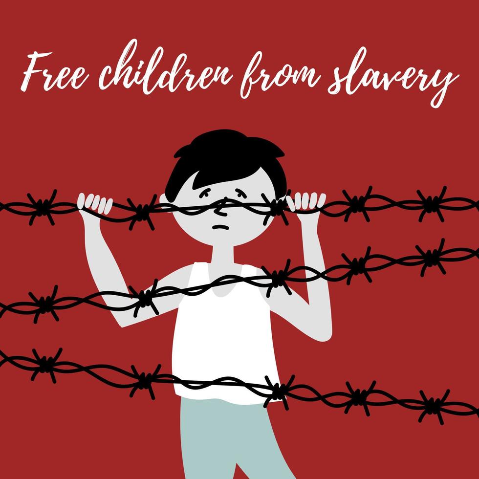 ett barn bakom en taggtråd. slavhandeln med barn. barnmisshandel vektor