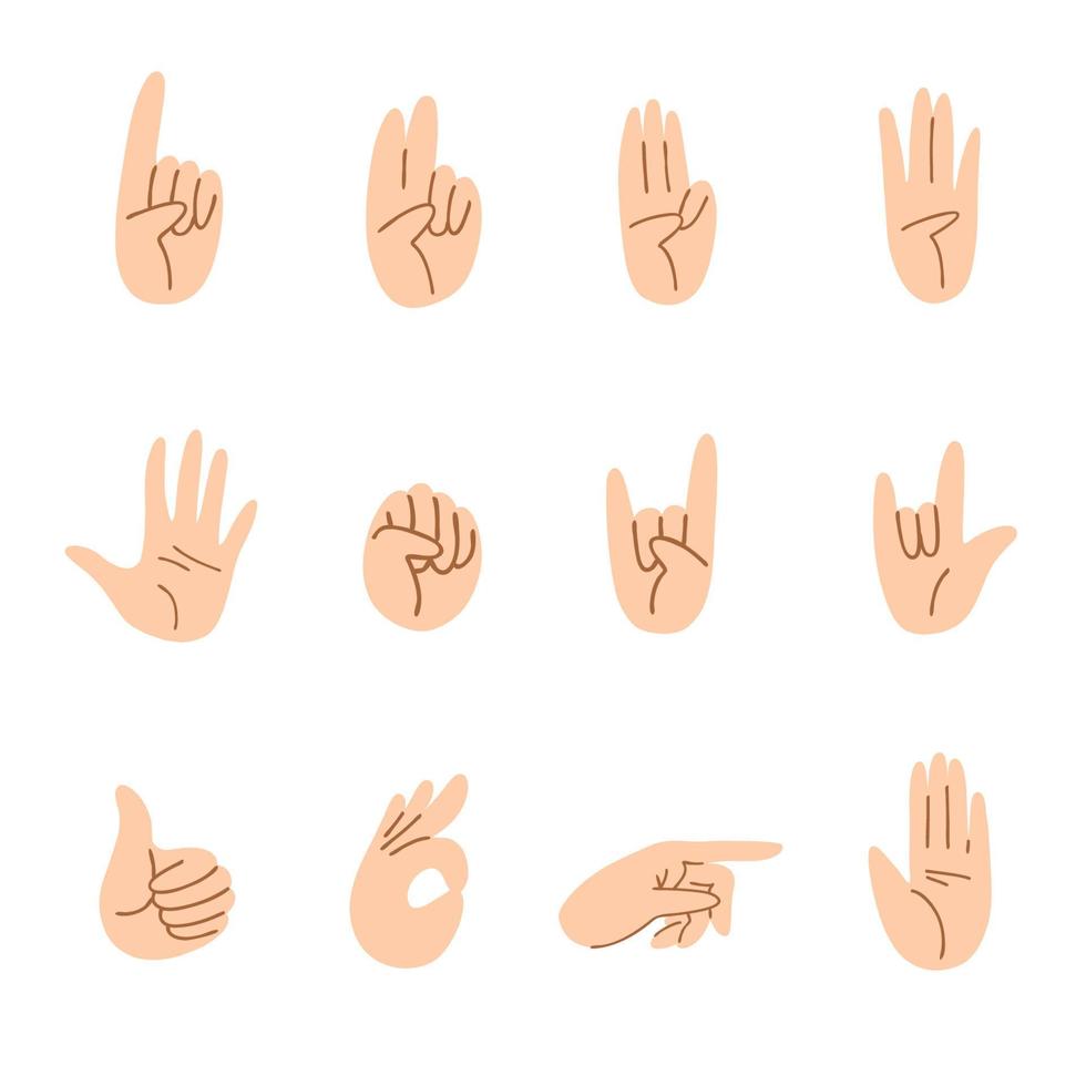 uppsättning av tecknade händer av olika gester. lätt hud handrörelser ett finger, två, tre, fyra, fem, knytnäve, tummen upp och andra. vektor stock illustration isolerad på vit bakgrund.