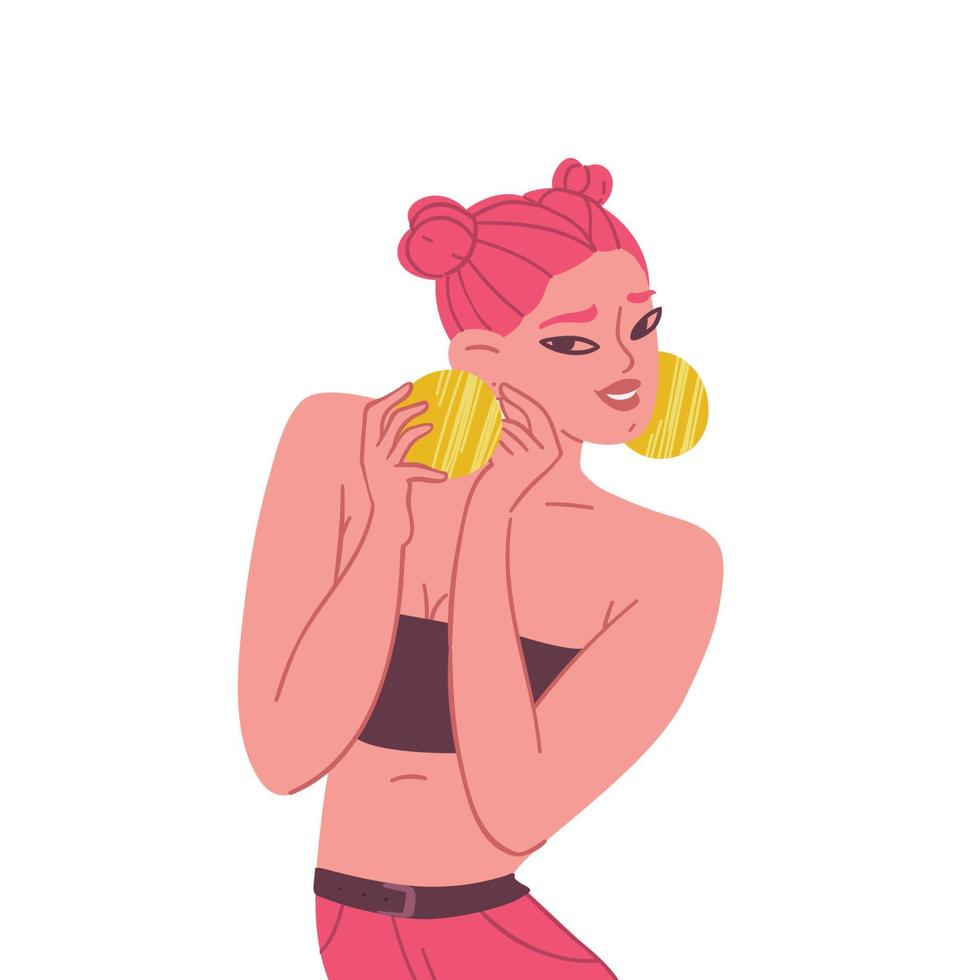handritade snygg ung kvinna. en målad tjej med rosa hår bär stora runda örhängen. tonåring i rosa jeans och en axelbandslös topp. vektor lager isolerad illustration i tecknad stil.