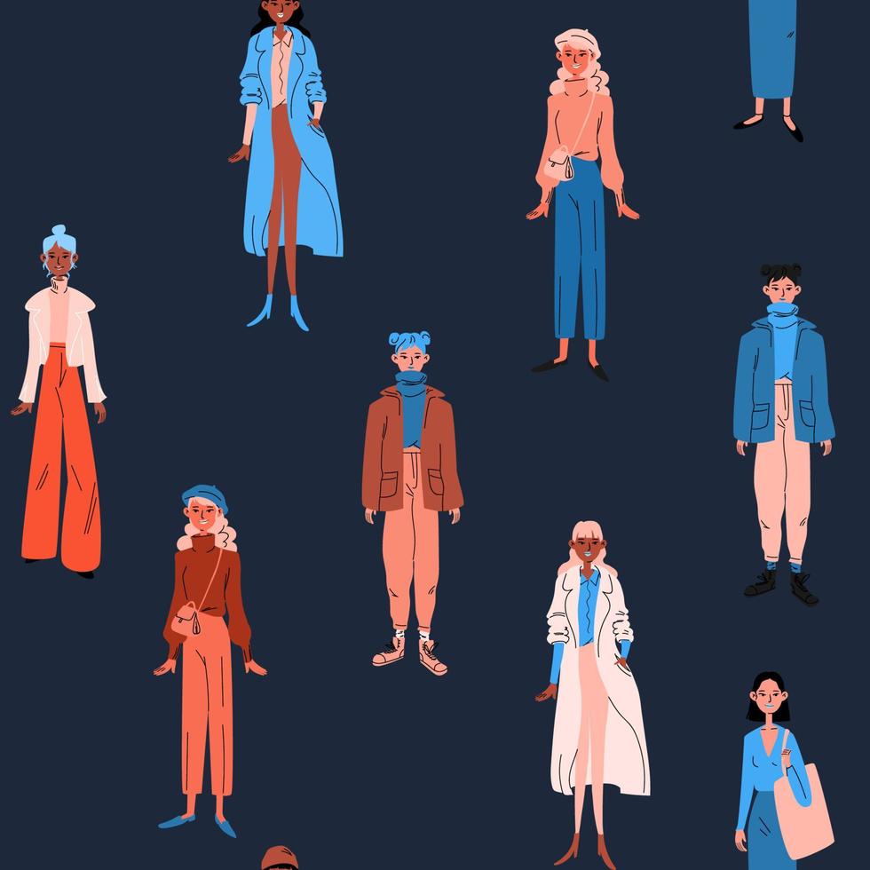 Nahtlose Muster von Frauen in heller Freizeitkleidung. Eine Gruppe unterschiedlicher Mädchen in blauen, orangefarbenen, trendigen Roben vor einem dunklen Hintergrund. bunte illustration des vektorlagers in der karikaturart. vektor