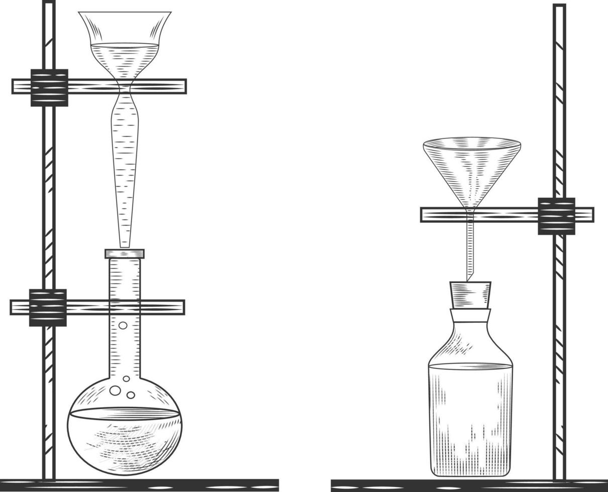 skizze eines physikalischen oder chemischen laborexperiments und der ausrüstung. Vektor pharmazeutische Glaskolben, Becher und Reagenzgläser im alten Gravurstil.