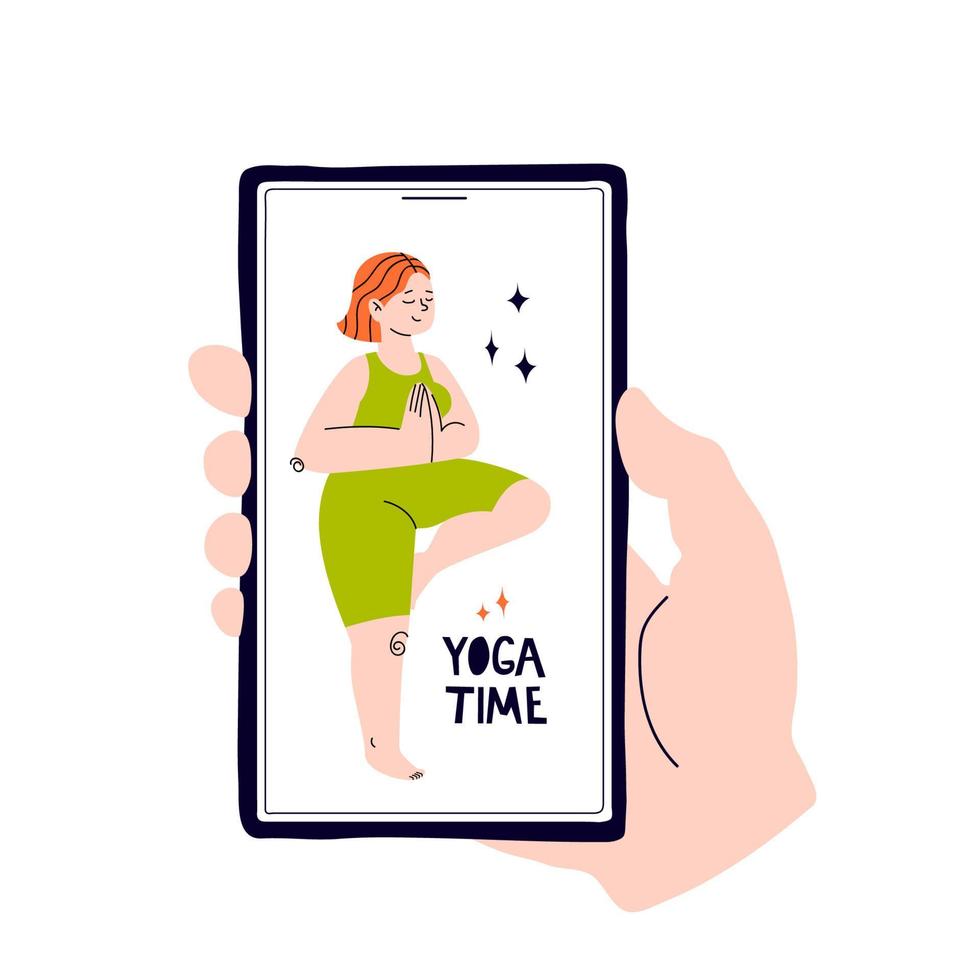 Mädchen meditiert auf einem Bein auf dem Telefonbildschirm mit der Unterschrift Yoga-Zeit. Vektor Stock Illustration Hand hält das Telefon isoliert. Konzept für soziale Anwendungen des Online-Trainings.