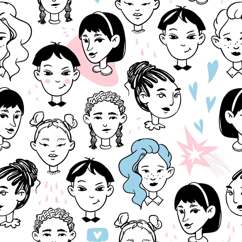 sömlös svart på vit bakgrund med unga kvinnor. handritad doodle mångkulturella olika kvinnliga ansikten. girly vektor stock illustration i tecknad stil.