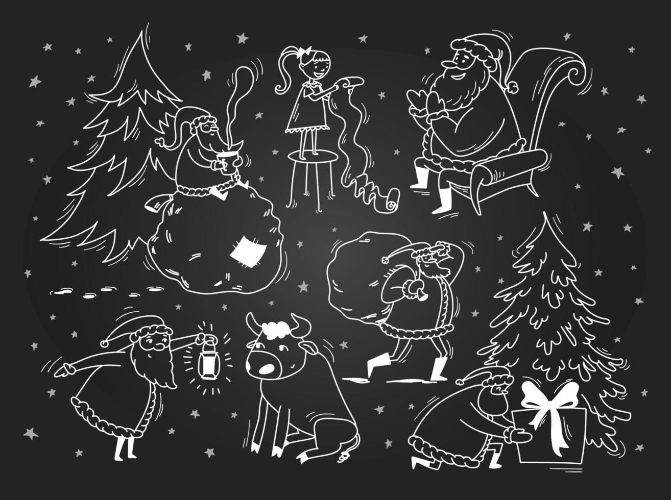 Santas Doodle-Sammlung. weiße Umrissskizze auf einer Kreidetafel. weihnachtsmann, vektor, bestand, illustration. handgezeichnete geschichten von weihnachtsmann, stier, mädchen. vektor