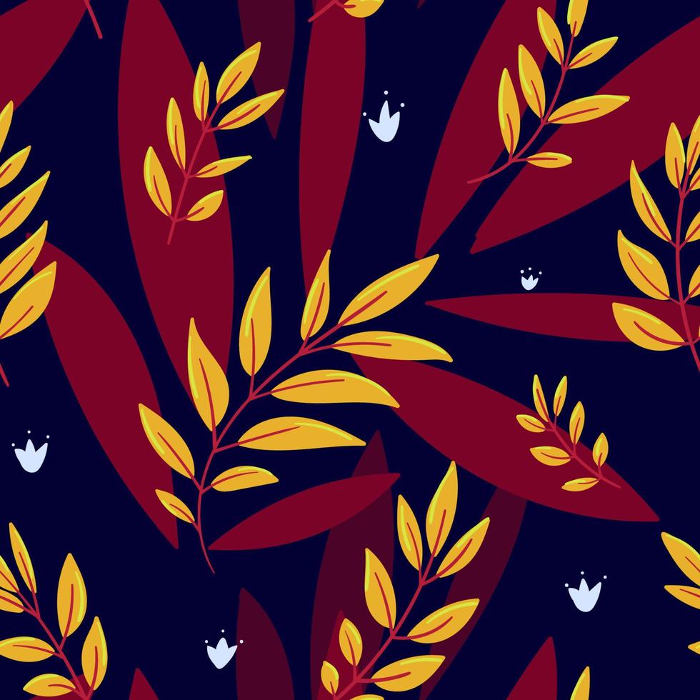 helles nahtloses Herbstmuster. kleine gelbe und große rote Blätter auf dunkelblauem Grund. handgezeichnetes natürliches Muster. dekorativer hintergrund für textilien, verpackungen, drucke. vektor