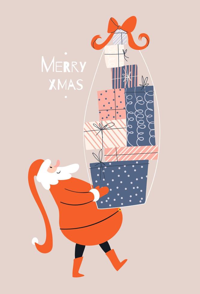 Cartoon-Weihnachtsmann trägt einen hohen Stapel verpackter Geschenke. Zufriedener Weihnachtsmann hält sorgfältig einen Berg von Geschenken mit einer großen roten Schleife. handgezeichnete bunte Doodle-Postkarte. Vektorvorratillustration vektor