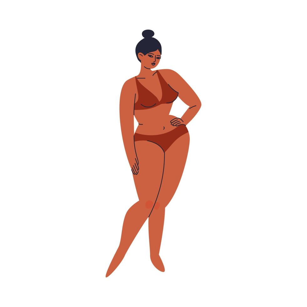 brunetten står akimbo i trendiga underkläder. en fyllig ung kvinna med smal midja, mörk hudton i en rödaktig tvådelad baddräkt. vektor stock illustrationen isolerade.