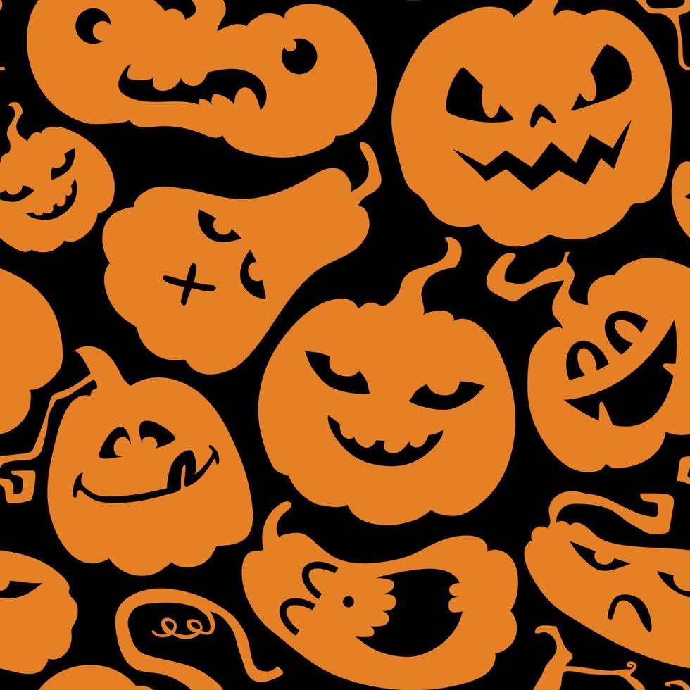 sömlösa halloween mönster. orange pumpor på en svart bakgrund med läskiga och roliga ansikten. skrämmande bakgrund för semestern. vektor stock illustration.