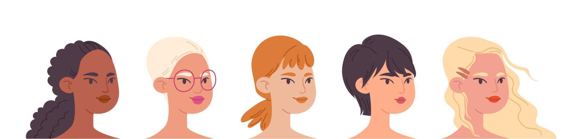 eine Reihe verschiedener weiblicher Gesichter mit unterschiedlichen Frisuren und Nationalitäten. Vektor-Illustration von weiblichen niedlichen Köpfen auf weißem Hintergrund. vektor