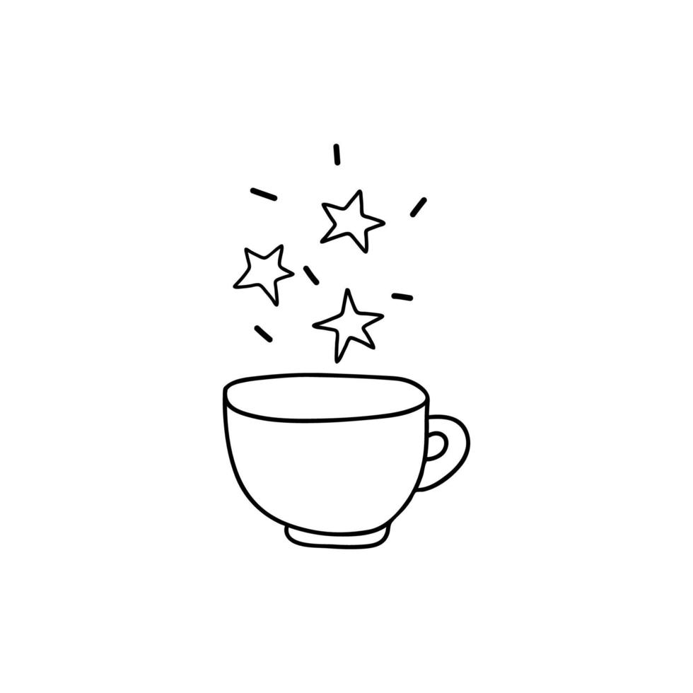 handritad magisk drinkkopp. över muggen finns stjärnor, magi, himmelska. doodle mystiska porslin isolerade. vektor stock illustration.