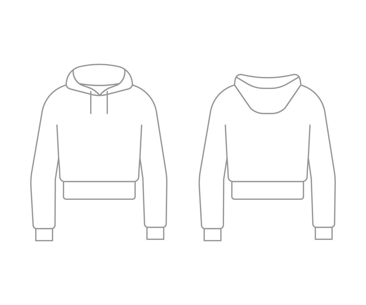 crop top sweatshirt konturmall unisex med lång ärm och huva. vanlig sporttröja för man och kvinna. tröja teknisk mockup framifrån och bakifrån. vektor illustration