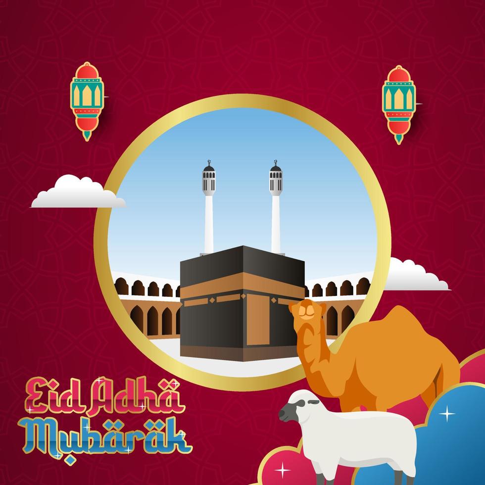 design vektorillustration eid adha mubarak med ka'bah bakgrund komplett med lykta prydnad och djur vektor