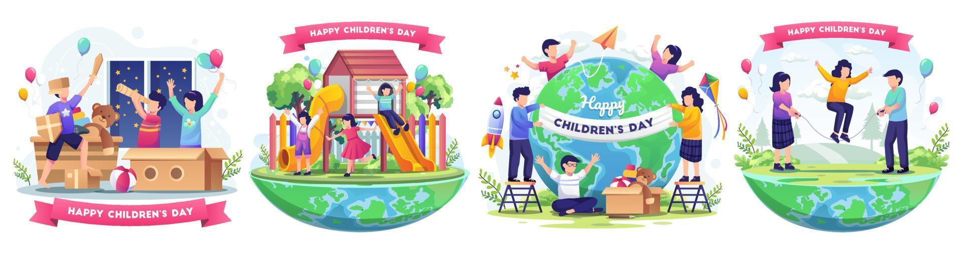 Kindertag mit glücklichen Kindern auf der ganzen Welt und mit Dekoration beschäftigt. flache Vektorillustration vektor