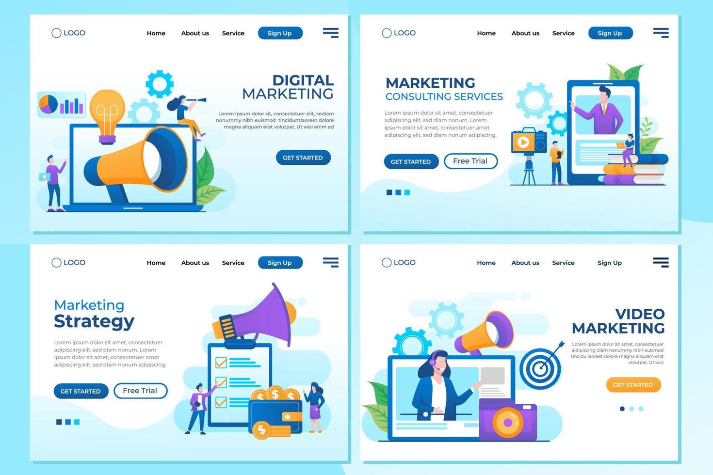 uppsättning designmallar för målsida för digital marknadsföring, marknadsföringsstrategi, marknadsföringsrådgivning och videomarknadsföring. lätt att redigera och anpassa. moderna vektorillustration koncept för webbplatser vektor