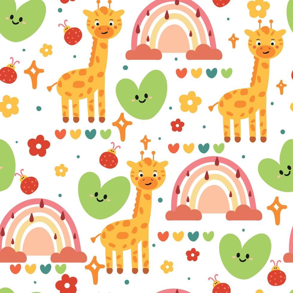 nahtlose musterhandzeichnung cartoon giraffe, herz und regenbogen. für Kinder Tapeten, Stoffdruck, Textil, Geschenkpapier vektor