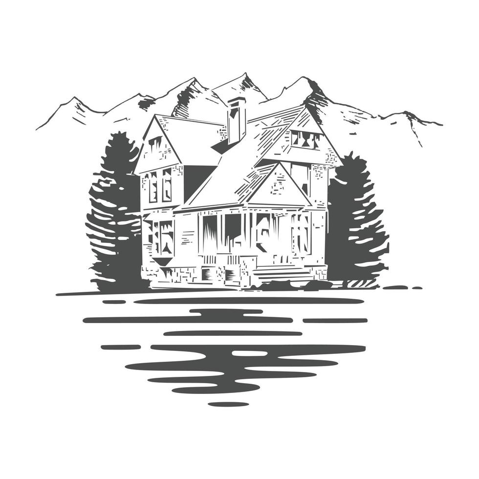 vektor illustration av ett hus vid sjön och bergen