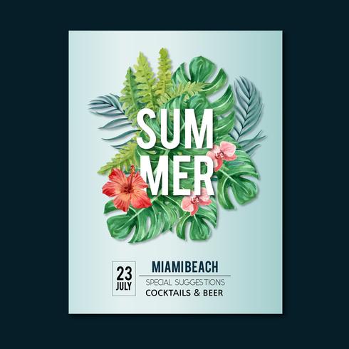 Sommerplakatdesign-Urlaubsparty auf der Strandseesonnenscheinnatur. Ferienzeit, kreatives Aquarellvektor-Illustrationsdesign vektor