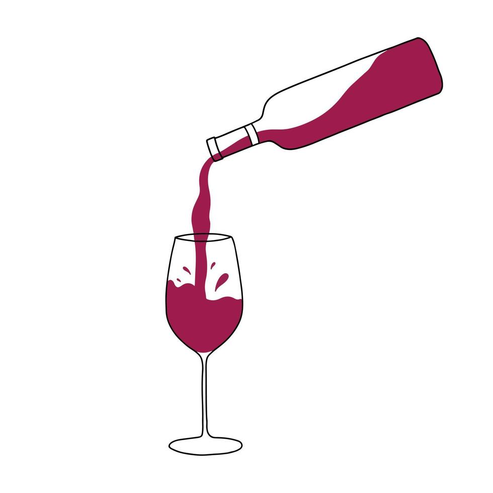 Rotwein wird aus einer Flasche in ein Glas gegossen. Vektorillustration im Doodle-Stil. vektor
