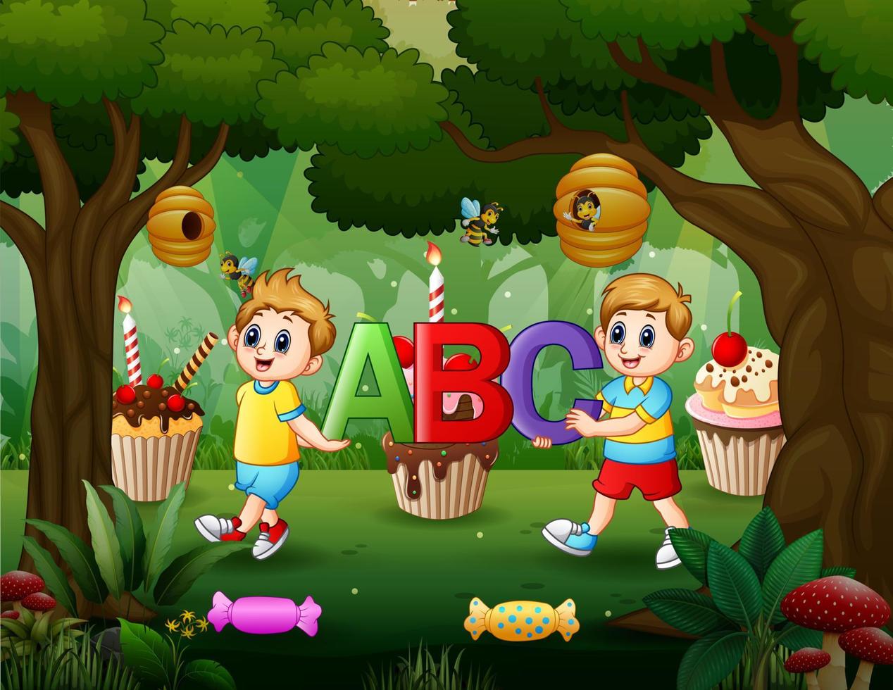 två pojke håller abc bokstaven i den söta skogen vektor