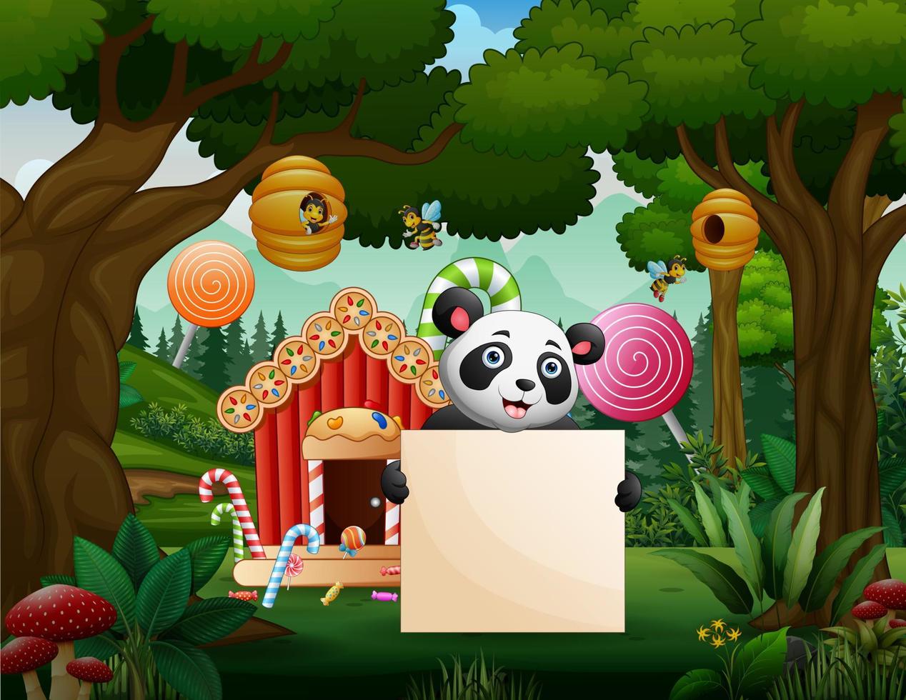glücklicher panda, der leeres zeichen im wald hält vektor