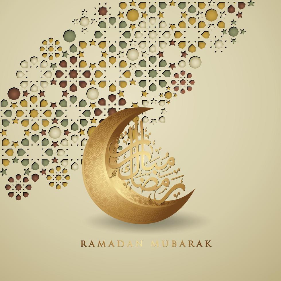 lyxig design ramadan kareem med arabisk kalligrafi, halvmåne, traditionell lykta och moskémönster textur islamisk bakgrund. vektor illustration.