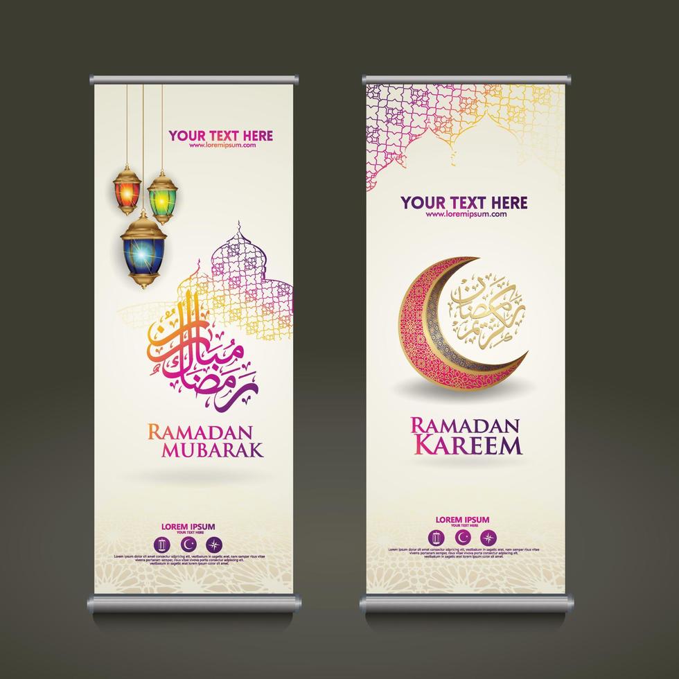 lyxig och elegant roll up banner set mall, ramadan kareem med kalligrafi islamisk, halvmåne, traditionell lykta och moskémönster textur islamisk bakgrund vektor