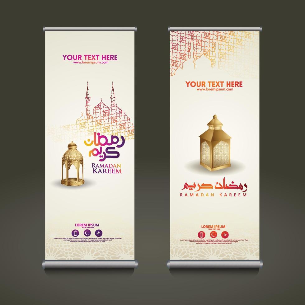 lyxig och elegant roll up banner set mall, ramadan kareem med kalligrafi islamisk, halvmåne, traditionell lykta och moskémönster textur islamisk bakgrund vektor