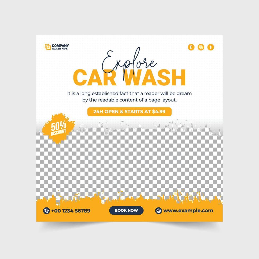 biltvätt och städservice banner. professionell biltvätt reklam. mall för fordonstvättservice. biltvätttjänst inlägg i sociala medier. flygblad för rengöring och tvätt av bilar. vektor