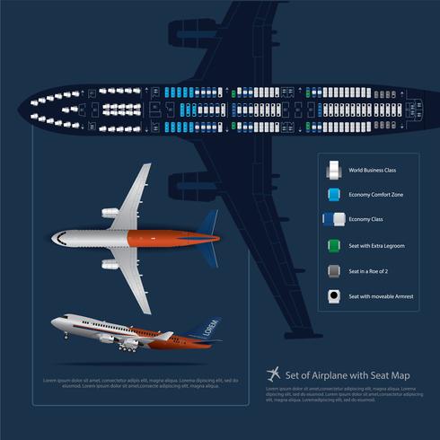 Satz der Flugzeuglandung mit Seat-Karte lokalisierter Vektor-Illustration vektor