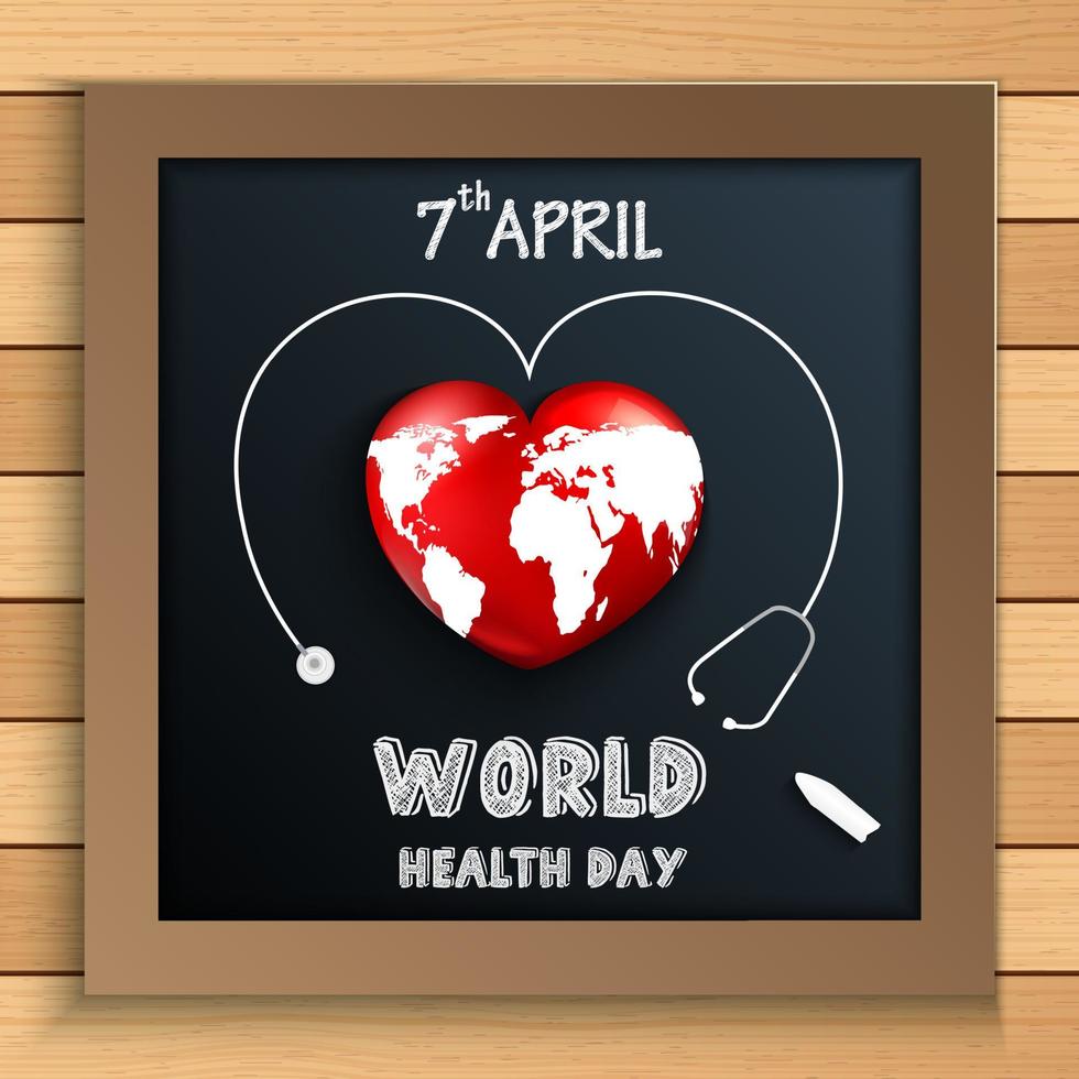 världshälsodagen koncept med världen inuti hjärtat på tavlan på träbord vektor