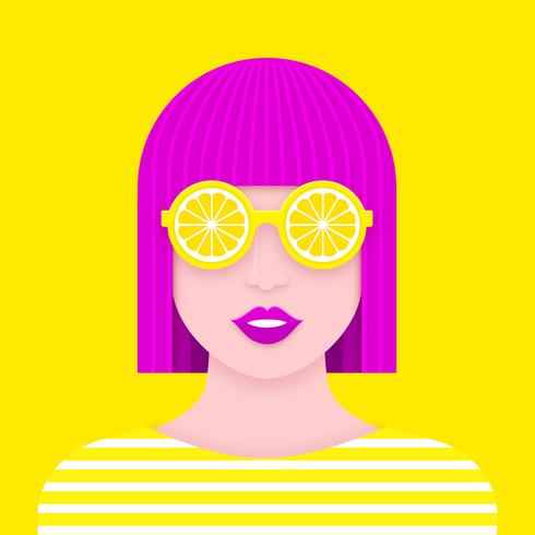 Popkvinna Porträtt Med Citron Solglasögon Papper Konstdesign vektor