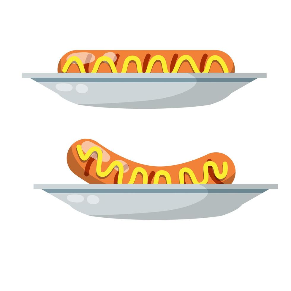 Wurst mit Ketchup und Senf. Hot Dog und Küchenelement. flache illustration der karikatur. satz fleischgerichte mit sauce vektor