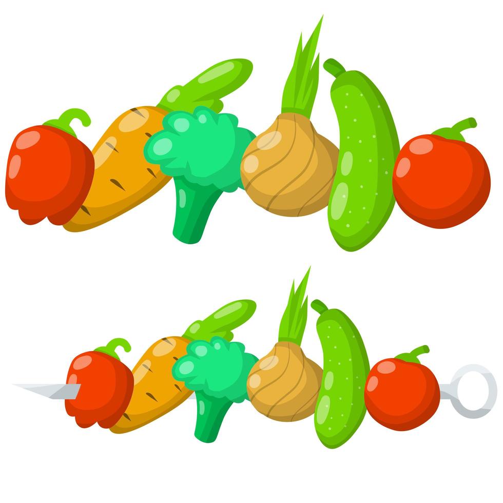 Satz Gemüse. Ernte. rotes, oranges und grünes Objekt. flache illustration der karikatur. frische natürliche Dorfprodukte. Tomate, Paprika, Zwiebel, Gurke, Brokkoli, Karotte vektor