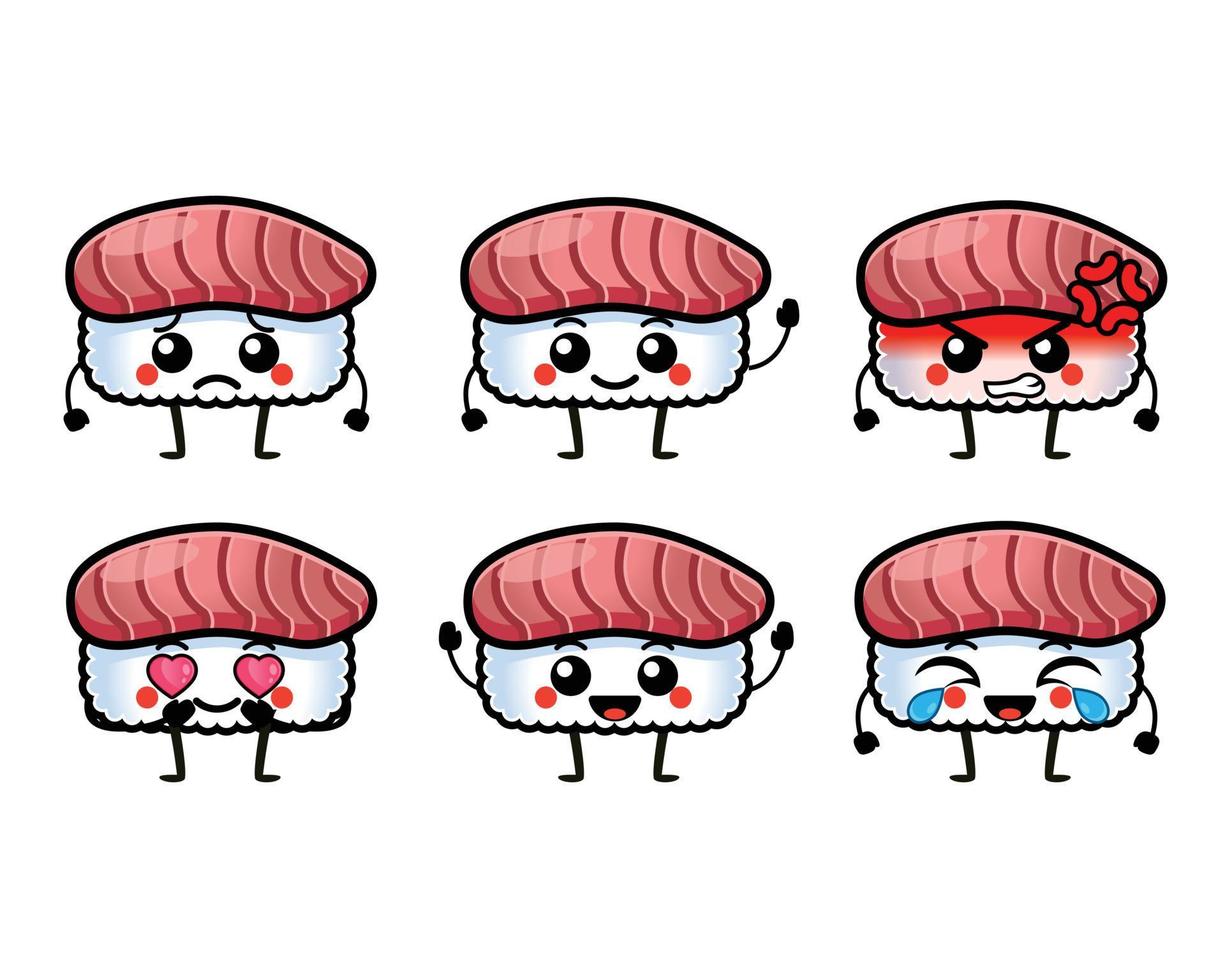 lustige Rindfleisch-Sushi-Sashimi-Figuren mit süßem Gesicht vektor