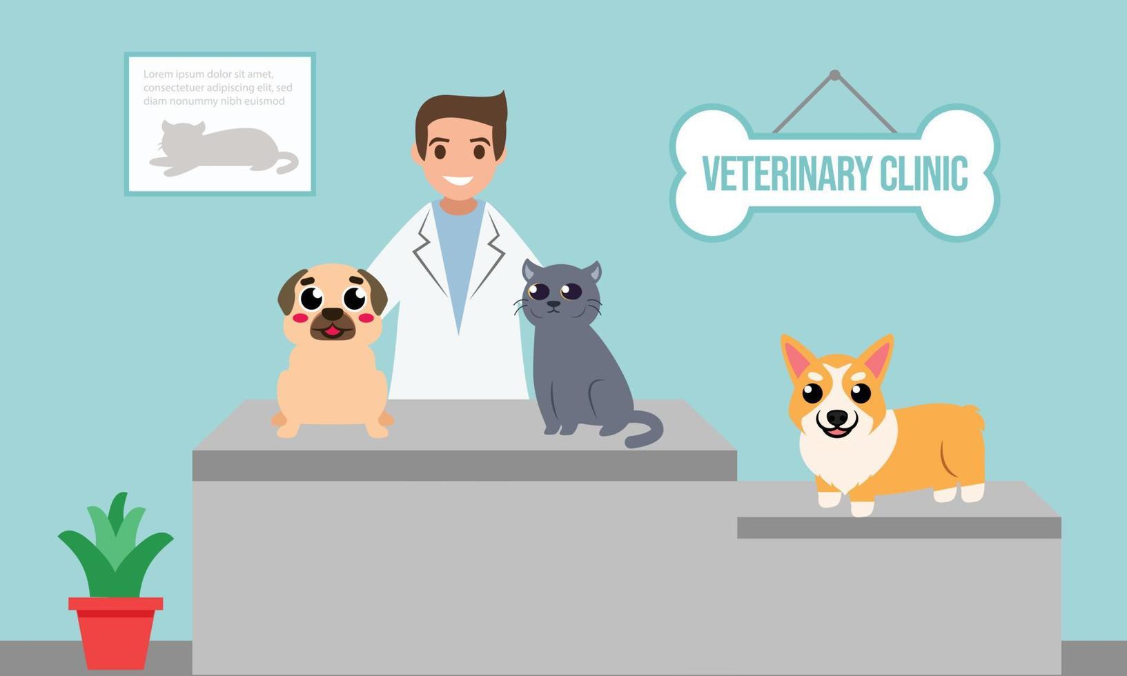 Tierarzt und Arzt mit Hund und Katze an der Theke in der Tierklinik. flache Karikatur der Vektorillustration vektor