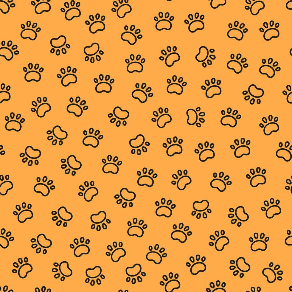 Nahtloses Hundemuster mit Pfotenabdrücken. Textur der Katzenfüße. Muster mit Hündchen-Pfotenabdrücken. orange Hundetextur. handgezeichnete Vektorgrafik im Doodle-Stil auf orangefarbenem Hintergrund. vektor