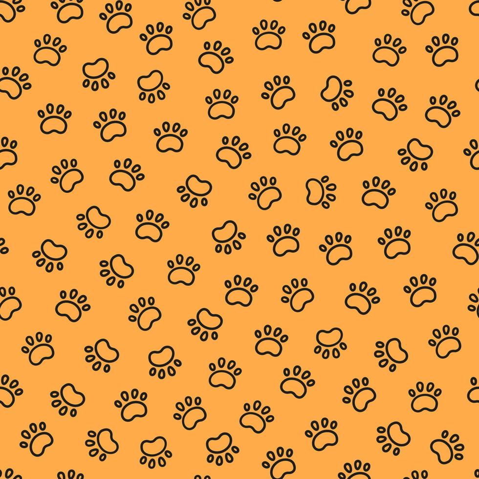 sömlöst hundmönster med tassavtryck. kattfots konsistens. mönster med doggy tassavtryck. orange hund textur. handritad vektorillustration i doodle stil på orange bakgrund. vektor