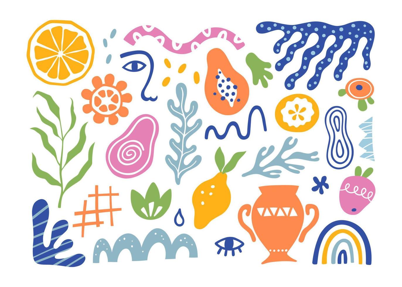 organiska blobbar, tropiska frukter, löv, mänskligt ansikte och koraller i matissestil. uppsättning trendiga doodle abstrakta element. bunt med naturliga former, slumpmässig matissesamling. vektor illustration