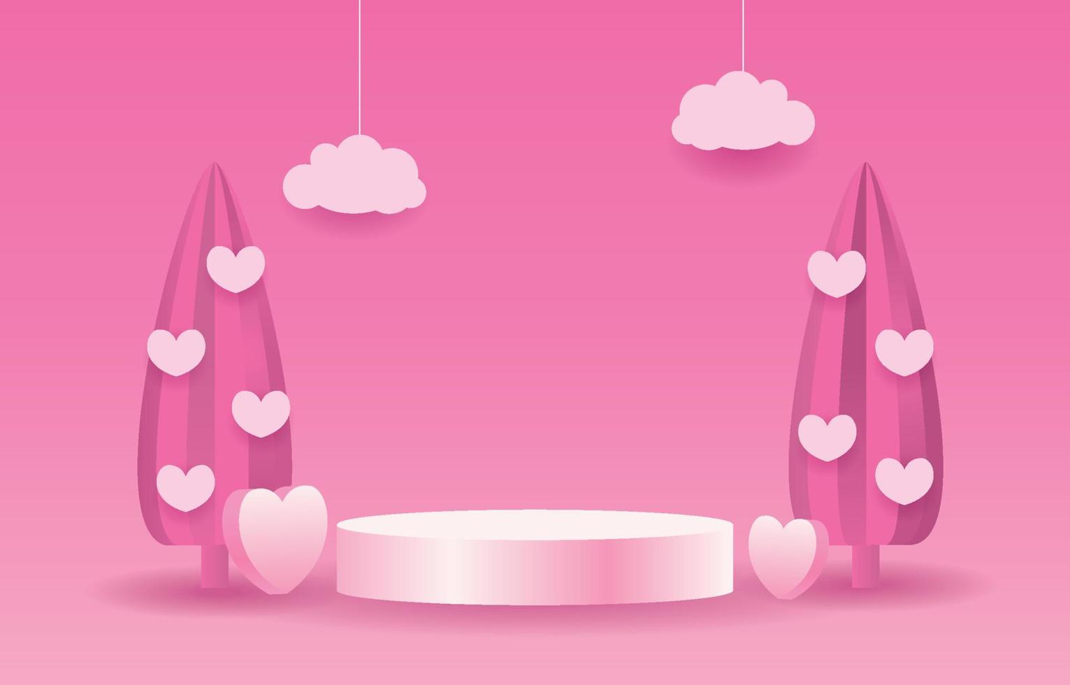 rosa Bühne zum Platzieren von Produkten. leeres Zylinderpodium. Konzept der Liebe oder des Valentinstags. süßer rosa hintergrund verziert mit herzen, geschenkboxen und einkaufstüten. entworfen für Hintergrund, Banner vektor