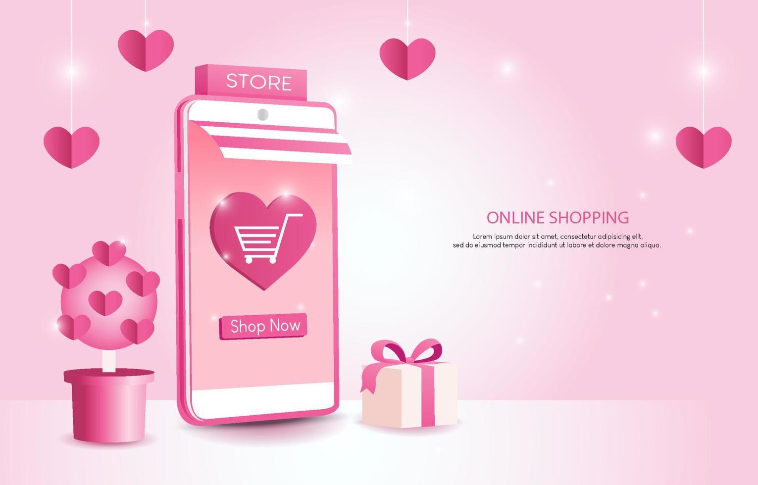 Online-Shop im Konzept der Liebe oder des Valentinsgrußes. Mobiltelefone, Herzen, Einkaufswagen, Liebesbriefe und Geschenkboxen repräsentieren die Liebe auf einem rosafarbenen Hintergrund. Shopping-App im Smartphone. design für banner, anzeige, web. vektor