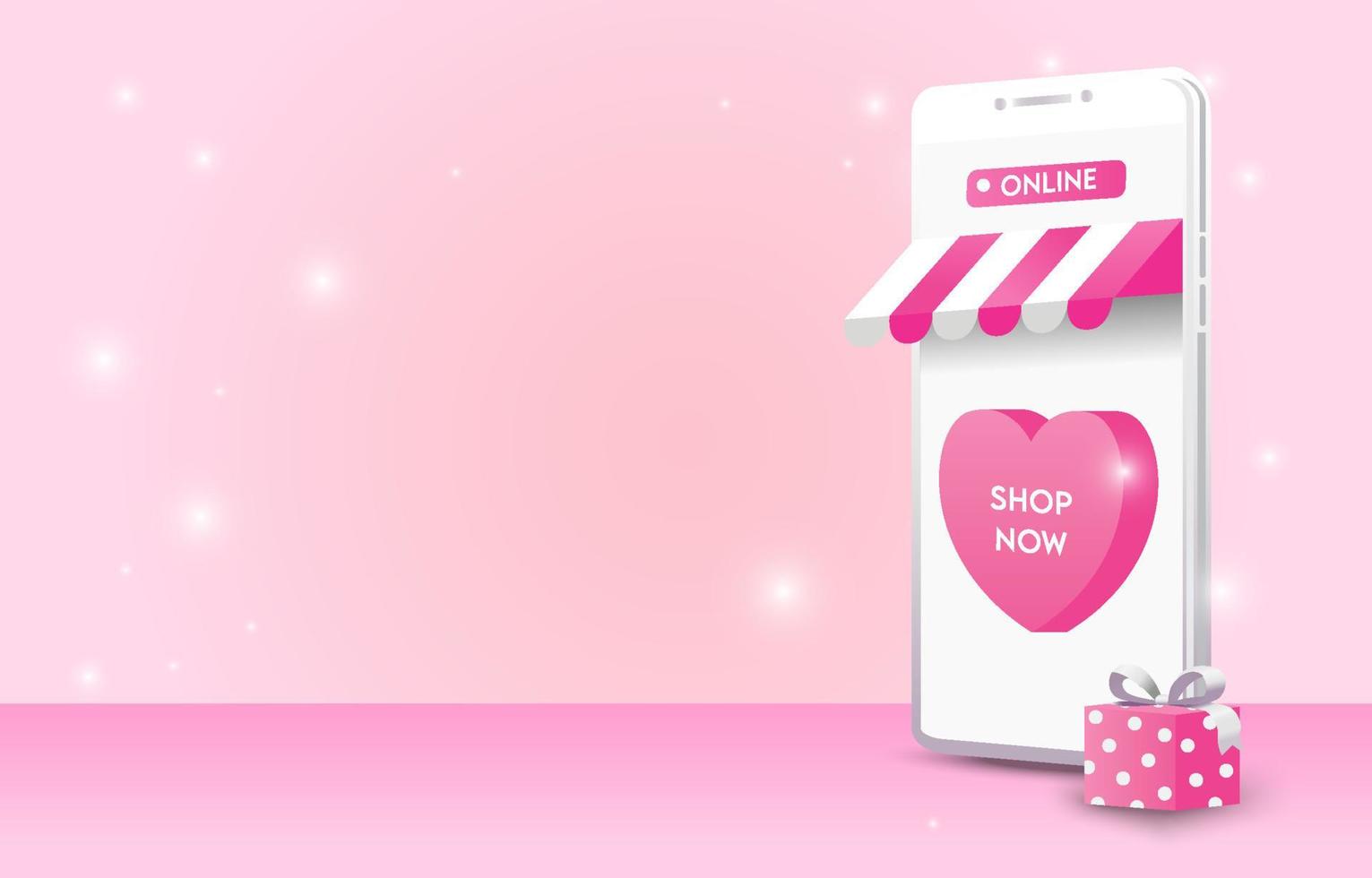 onlinebutik i konceptet kärlek eller valentine.mobiltelefoner, hjärtan, vagn, kärleksbrev och presentförpackningar representerar kärlek på en rosa bakgrund.shopping-app i smartphonen. design för banner, annons, webb. vektor
