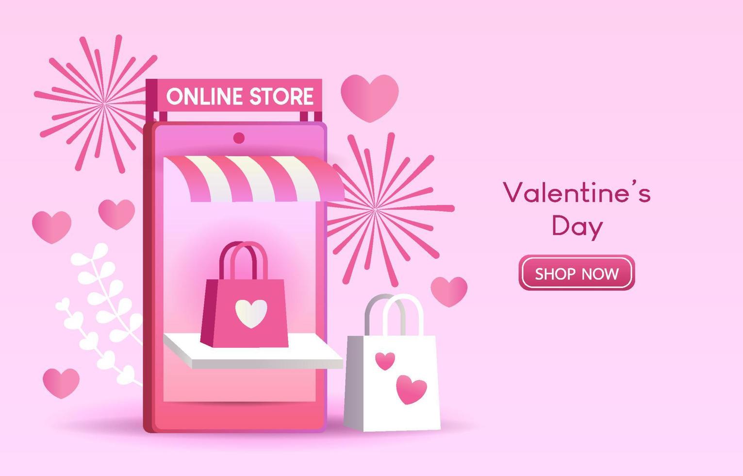 Online-Shop im Konzept der Liebe oder des Valentinsgrußes. Mobiltelefone, Herzen, Einkaufswagen, Liebesbriefe und Geschenkboxen repräsentieren die Liebe auf einem rosafarbenen Hintergrund. Shopping-App im Smartphone. design für banner, anzeige, web. vektor