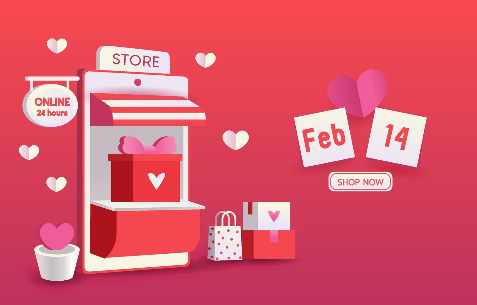 Online-Shop im Konzept der Liebe oder des Valentinsgrußes. Mobiltelefone, Herzen, Einkaufswagen, Liebesbriefe und Geschenkboxen repräsentieren die Liebe auf einem rosafarbenen Hintergrund. Shopping-App im Smartphone. design für banner, anzeige, web. vektor