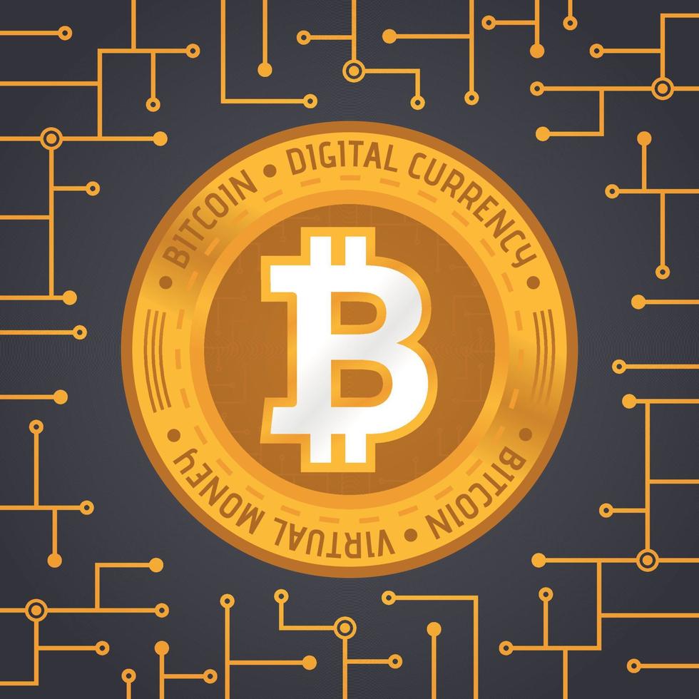 gyllene bitcoinmynt. kryptovaluta guldmynt bitcoin symbol på svart bakgrund. vektor illustration
