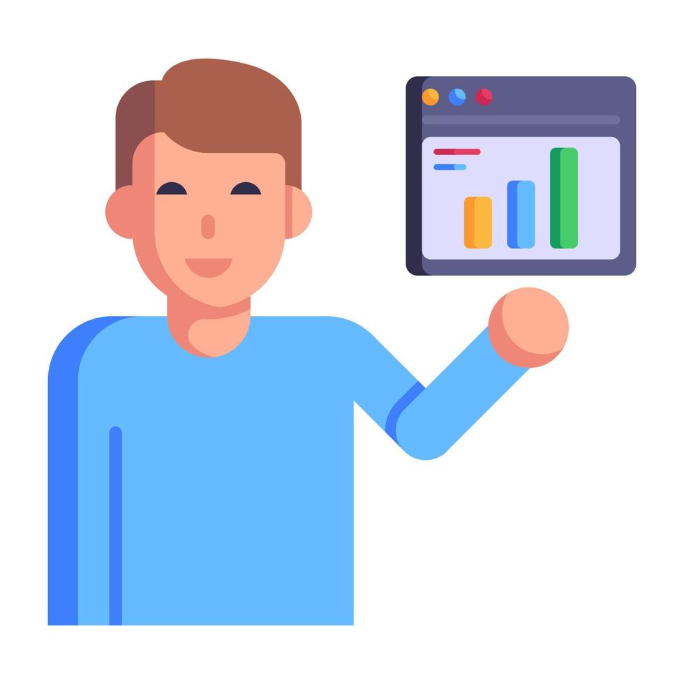 Persona mit Geschäftsdiagrammen, flache Ikone des Datenanalysten vektor