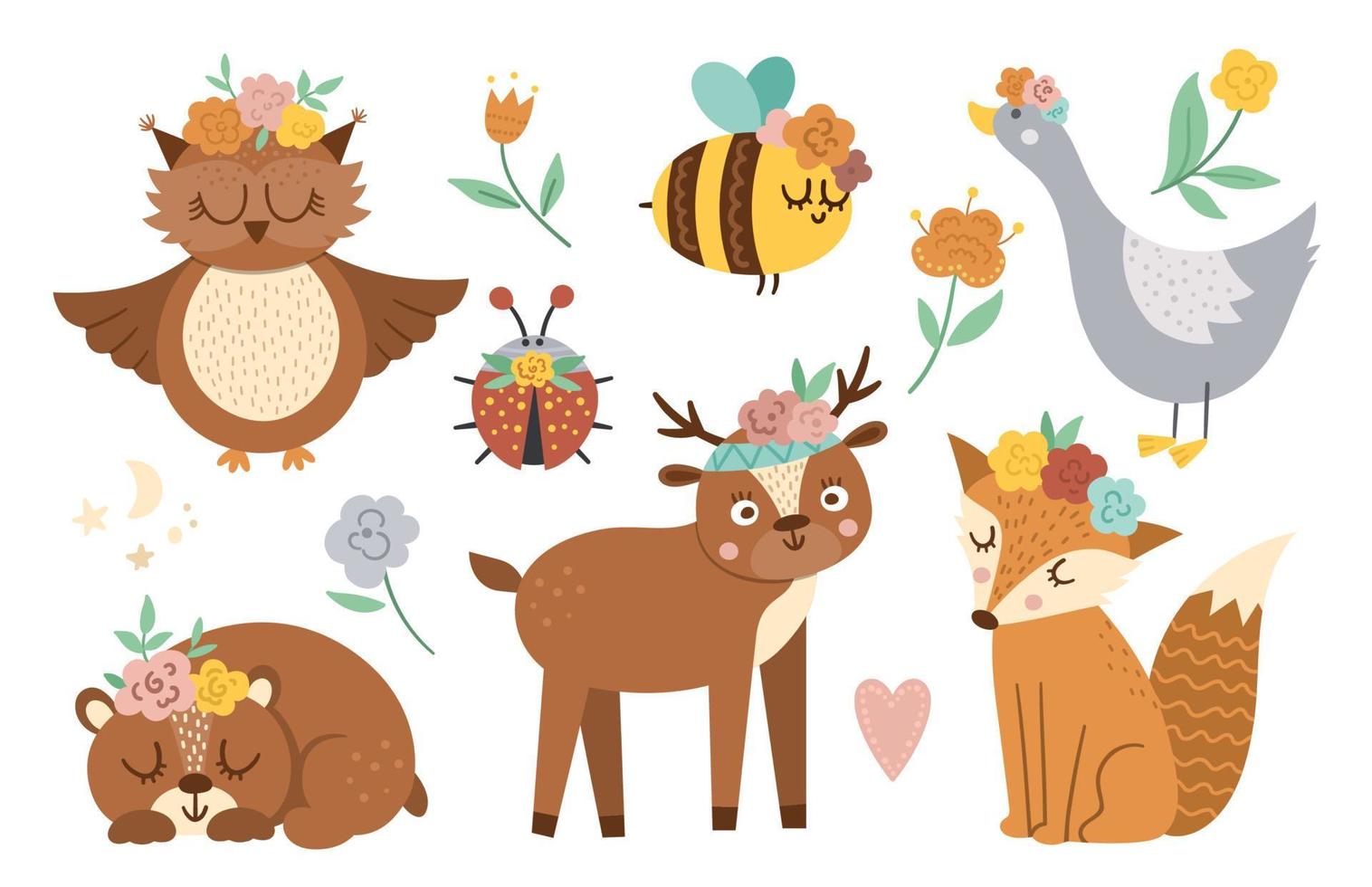 Sammlung von Vektorwaldtieren, Insekten und Vögeln. Boho-Wald-Set. Böhmischer Fuchs, Eule, Bär, Hirsch, Marienkäfer, Gans mit Blumen auf den Köpfen. Himmlisches Clipart-Paket mit niedlichen Charakteren. vektor