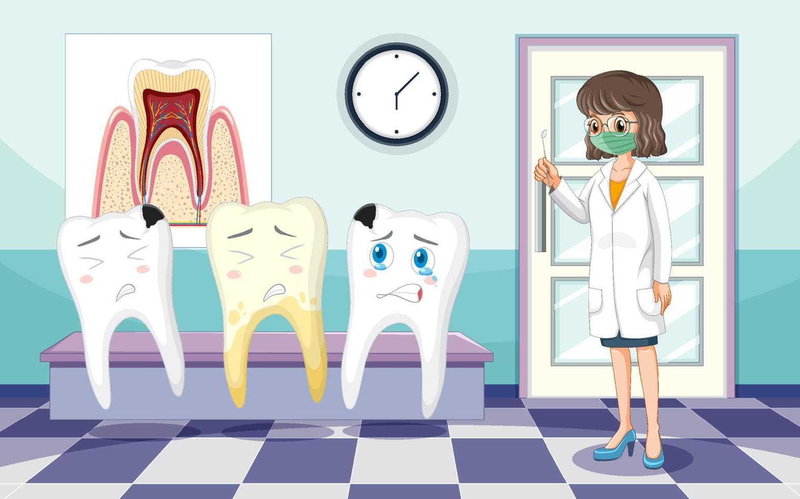 tandläkare och olika tandtillstånd på kliniken vektor