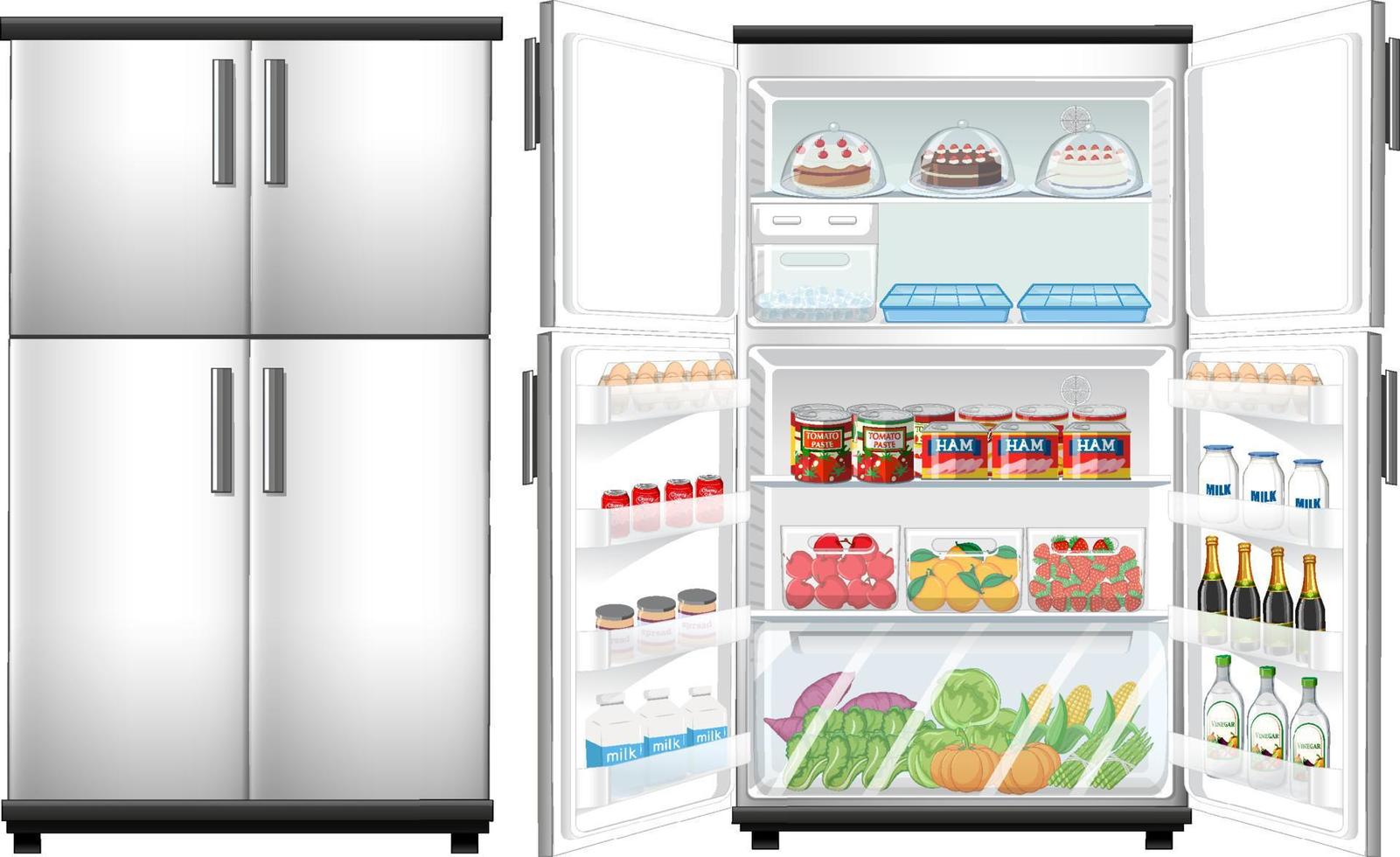 Kühlschrank geschlossen und geöffnete Tür mit viel Essen vektor