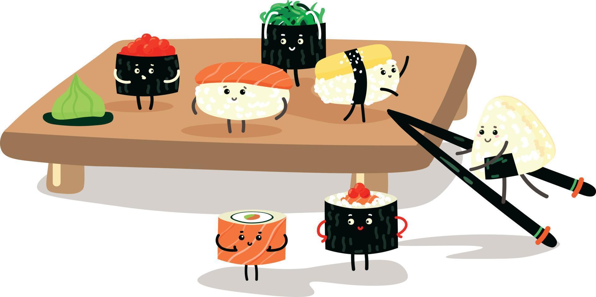 illustration süßer zeichentrickfiguren von sushi und rollen vektor