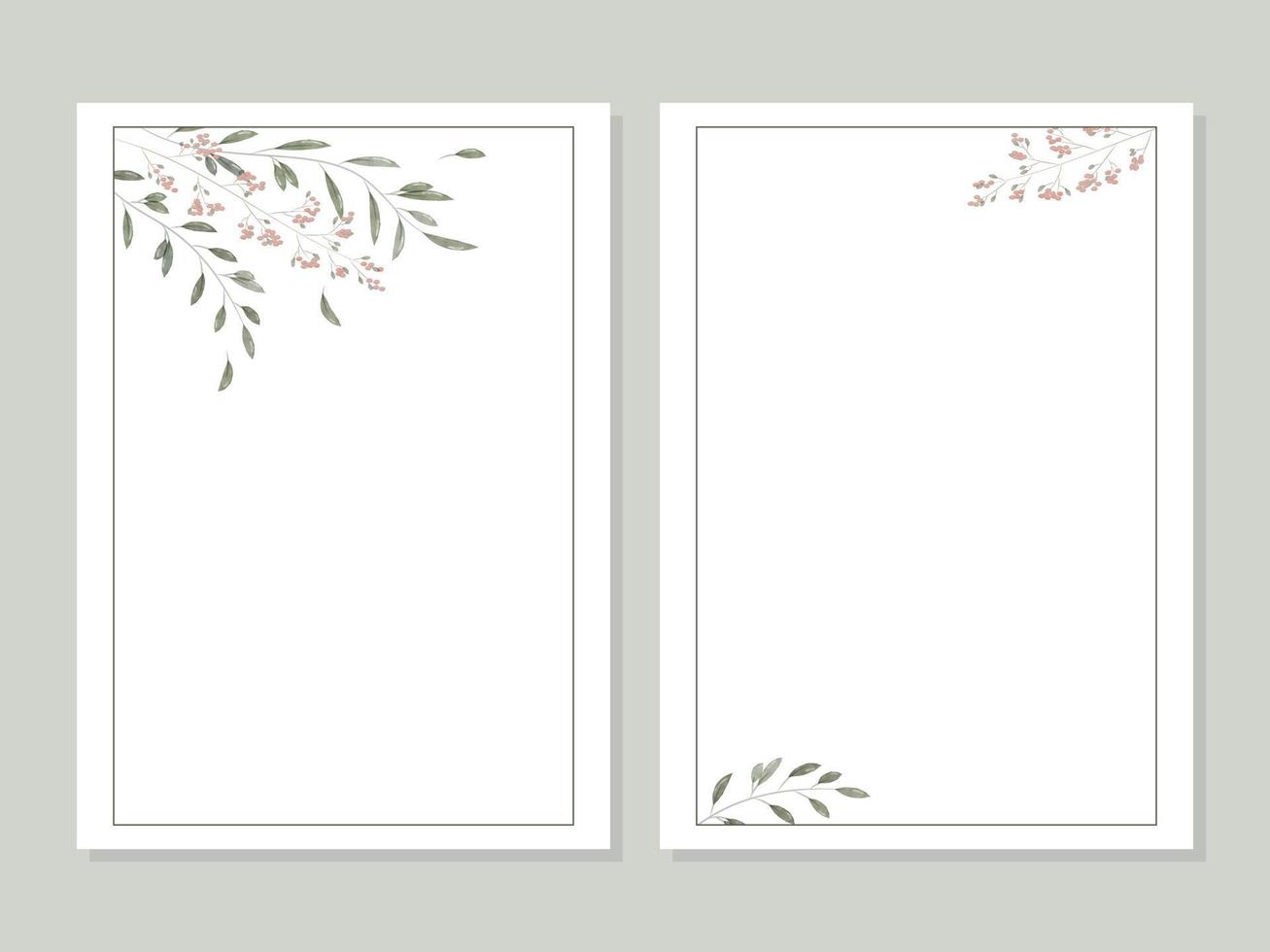 modern bröllopsinbjudningsmall i minimalistisk och akvarellstil. kortdesign med ram, akvarellblad, grenar och blommor. vektor